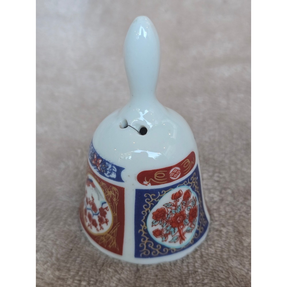 Vintage Imari Style Porcelain Bell Floral Cobalt Blue Red Gold Decorative 4in